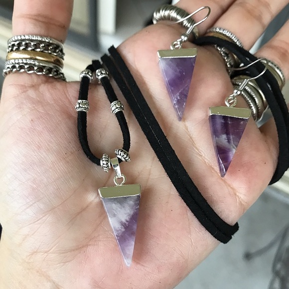 Amethyst triangle set choker necklace + earrings - Picture 3 of 8